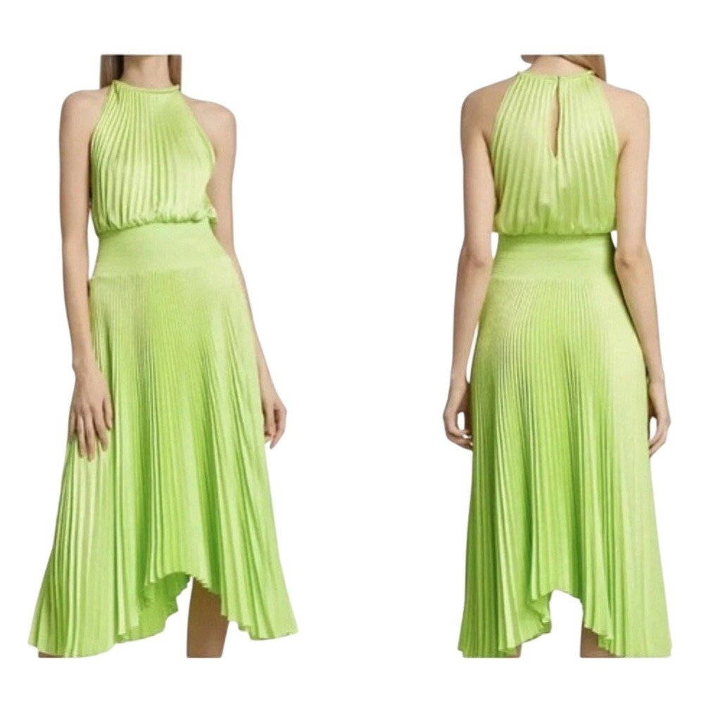 Joie Chartreuse Green Pleated Halter Midi Dress Smocked Waist Asymmetrical Hem M